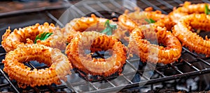 Deliciously crispy golden calamari rings fried to perfection, tender and bursting with flavor