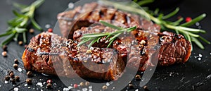 Deliciously Grilled Rib Eye Steak Seasoned With Rosemary And Pepper, Closeup