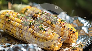 A deliciously messy experience awaits as you unwrap a foilwrapped corn on the cob revealing perfectly grilled kernels