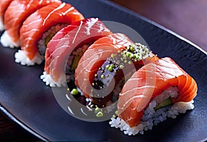 Deliciously prepared Japanese high quality sushi fish with wasabi, color and texture of meat, Japanese restaurant