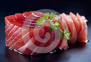 Deliciously prepared Japanese high quality sushi fish with wasabi, color and texture of meat, Japanese restaurant