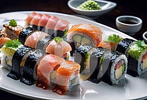 Deliciously prepared Japanese high quality sushi fish with wasabi, color and texture of meat, Japanese restaurant