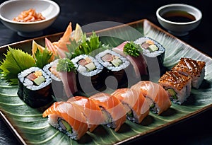 Deliciously prepared Japanese high quality sushi fish with wasabi, color and texture of meat, Japanese restaurant