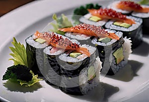 Deliciously prepared Japanese high quality sushi fish with wasabi, color and texture of meat, Japanese restaurant