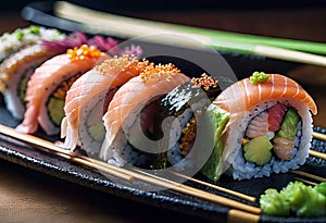 Deliciously prepared Japanese high quality sushi fish with wasabi, color and texture of meat, Japanese restaurant