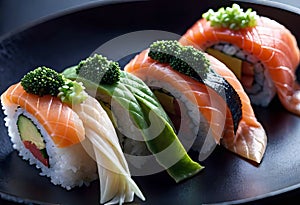 Deliciously prepared Japanese high quality sushi fish with wasabi, color and texture of meat, Japanese restaurant