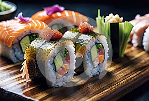 Deliciously prepared Japanese high quality sushi fish with wasabi, color and texture of meat, Japanese restaurant