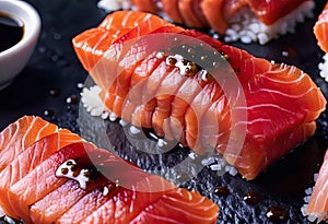 Deliciously prepared Japanese high quality sushi fish with wasabi, color and texture of meat, Japanese restaurant