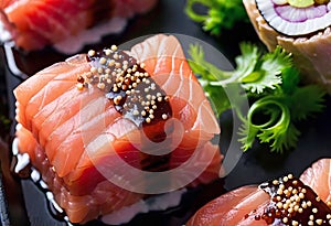 Deliciously prepared Japanese high quality sushi fish with wasabi, color and texture of meat, Japanese restaurant