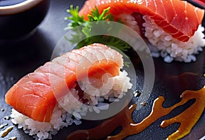 Deliciously prepared Japanese high quality sushi fish with wasabi, color and texture of meat, Japanese restaurant