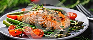 A Deliciously Presented Dish Of Salmon Adorned With Asparagus, Tomatoes, And Herbs