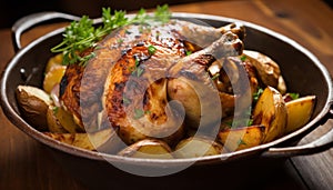 Deliciously seasoned roast chicken sizzling in a pan, ready to tantalize your taste buds