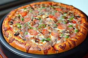 Deliciously topped pizza with melted cheese and fresh vegetables ready for a family meal. photo