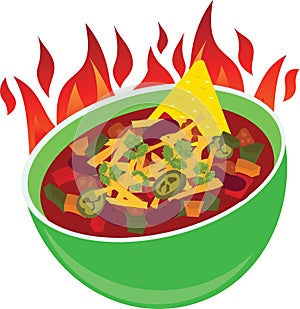 Delicous fire loaded chili con carne bowl cheese mexican  illustration vector