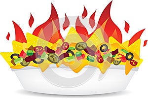 Delicous fire Supreme loaded cheese mexican nachos plate side view illustration