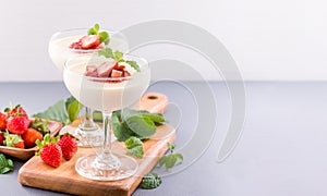 Delicous and nutritious double color colour strawberry desserts with mint and diced sarcocarp topping  with airy blue