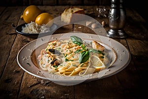 Delicous pasta carbonara, with verdure with plenty of Parmesan, beautiful table setup. Ai generated