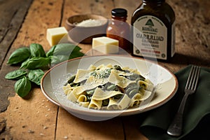 Delicous pasta carbonara, with verdure with plenty of Parmesan, beautiful table setup. Ai generated