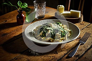 Delicous pasta carbonara, with verdure with plenty of Parmesan, beautiful table setup. Ai generated