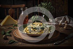 Delicous pasta carbonara, with verdure with plenty of Parmesan, beautiful table setup. Ai generated