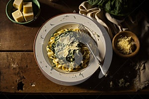 Delicous pasta carbonara, with verdure with plenty of Parmesan, beautiful table setup. Ai generated