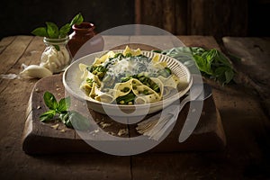 Delicous pasta carbonara, with verdure with plenty of Parmesan, beautiful table setup. Ai generated