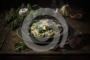 Delicous pasta carbonara, with verdure with plenty of Parmesan, beautiful table setup. Ai generated