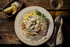 Delicous pasta carbonara, with verdure with plenty of Parmesan, beautiful table setup. Ai generated