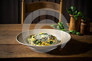 Delicous pasta carbonara, with verdure with plenty of Parmesan, beautiful table setup. Ai generated