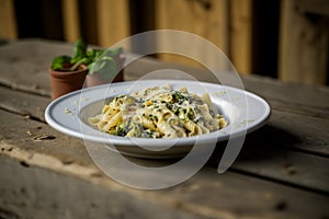 Delicous pasta carbonara, with verdure with plenty of Parmesan, beautiful table setup. Ai generated