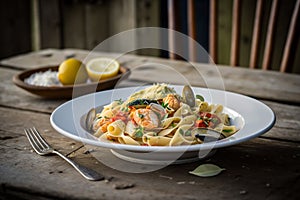 Delicous pasta carbonara, with verdure with plenty of Parmesan, beautiful table setup. Ai generated