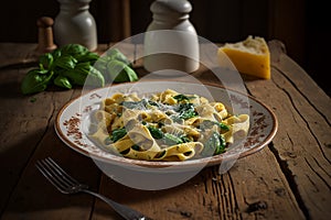 Delicous pasta carbonara, with verdure with plenty of Parmesan, beautiful table setup. Ai generated