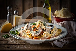 Delicous pasta carbonara, with verdure with plenty of Parmesan, beautiful table setup. Ai generated