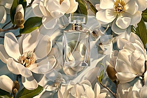 Delight in the fresh, chic elegance of bespoke designer perfume displayed on a floral cologne shelf photo
