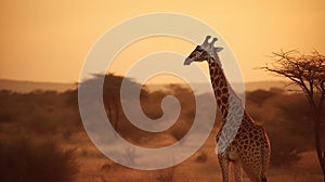 Delight in the juxtaposition of a giraffe's elongated neck and the vast expanse of the savannah