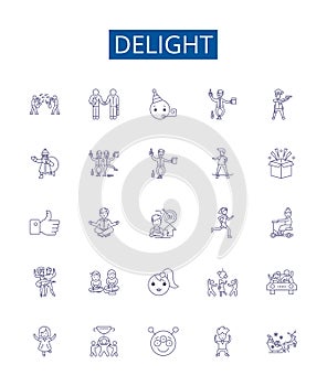 Delight line icons signs set. Design collection of Joy, Appeal, Gratify, Thrill, Enchant, Amuse, Satisfy, Elate outline