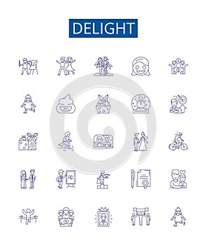 Delight line icons signs set. Design collection of Joy, Appeal, Gratify, Thrill, Enchant, Amuse, Satisfy, Elate outline