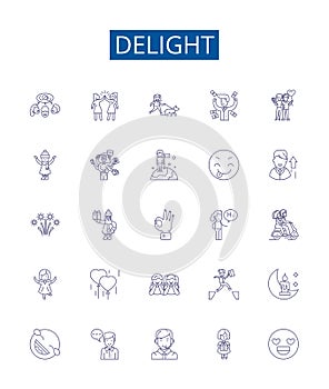 Delight line icons signs set. Design collection of Joy, Appeal, Gratify, Thrill, Enchant, Amuse, Satisfy, Elate outline photo