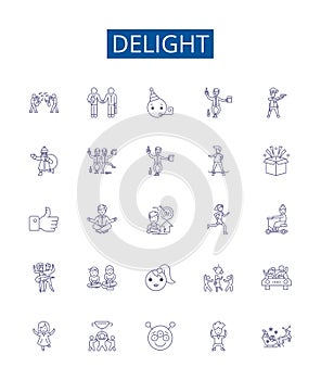 Delight line icons signs set. Design collection of Joy, Appeal, Gratify, Thrill, Enchant, Amuse, Satisfy, Elate outline photo
