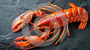 Delight in the seafood elegance with a close-up of a large red boiled lobster on slate, Ai Generated