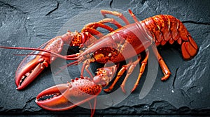 Delight in the seafood elegance with a close-up of a large red boiled lobster on slate, Ai Generated