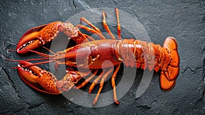 Delight in the seafood elegance with a close-up of a large red boiled lobster on slate, Ai Generated