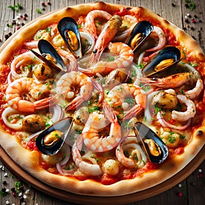 Seaside Extravaganza: Seafood Pizza Brimming with Shrimp, Clams, and Squid, Presented on a Beautiful Tray. photo