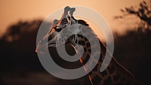 Delight in the sight of a giraffe peacefully grazing in the savannah's golden light, a tranquil scene that encapsulates the