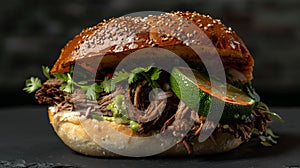 Delight in a torta filled with slowcooked barbacoa, cilantro, and lime in a Mexican roll, Ai Generated photo