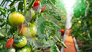 Ripe red and green tomatoes growing on a branch in a greenhouse