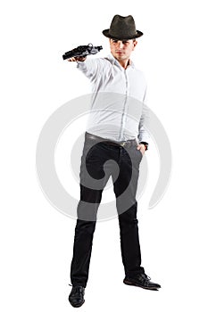 Delighted assasin with gun