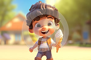 A delighted child character holding a cartoon style ice cream cone, ai generated