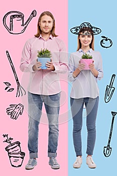 Delighted couple being ready for working in garden