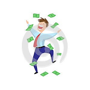 Delighted, excited, happy businessman jumping in the money rain